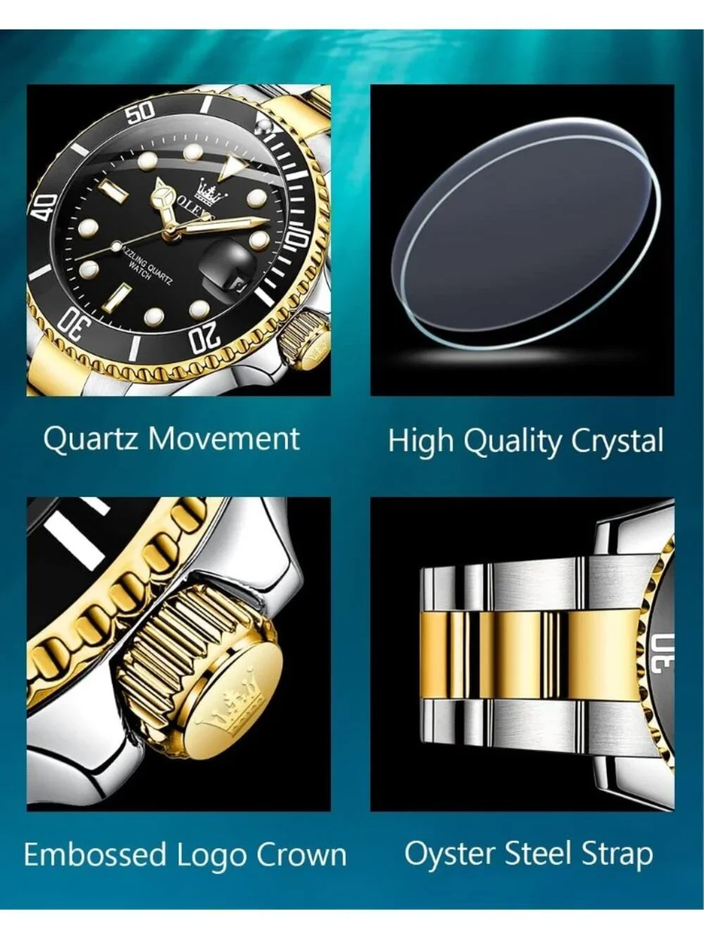 Mens Black Premium Gold and Silver Stainless Analog Rotatable Bezel Steel Watch